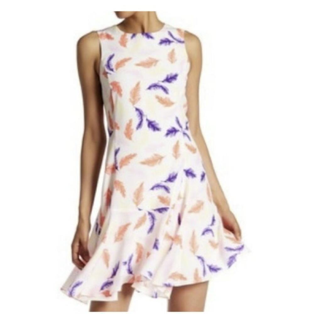 NWOT CeCe Delaney Sleeveless Flounce Hem Feather Print Dress Women's Size 6 - Picture 2 of 12